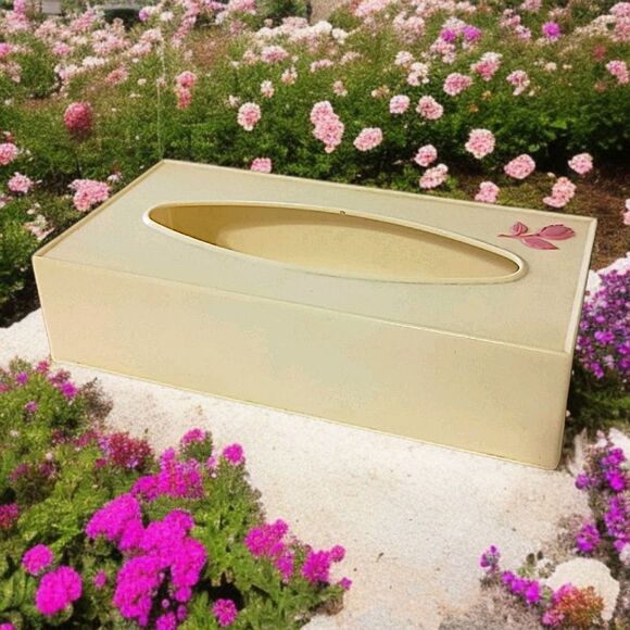 VIntage Tissue Box Cover Holder Fesco Plastic Beige Pink Rose Celluloid Plastic. - Picture 1 of 16